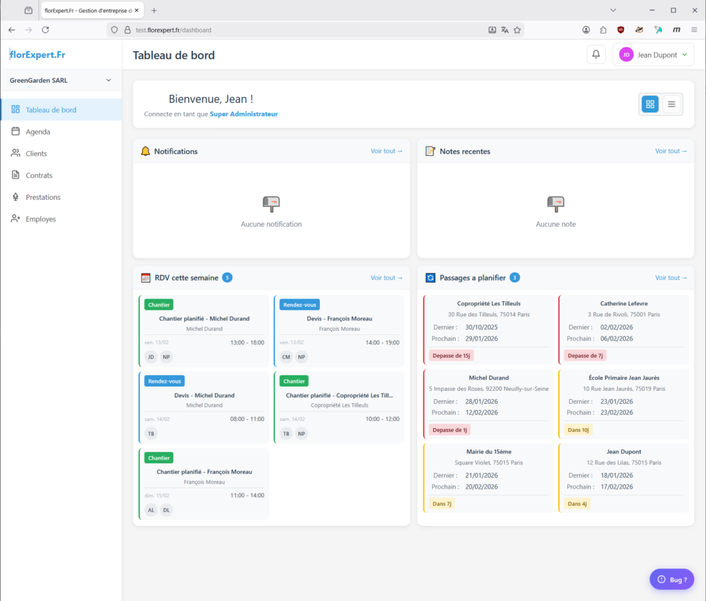 Page d'accueil tableau de bord de l'application